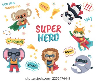 Superheroes animals banner. Graphic element for website. Lion, fox, koala, panda, dolphin and elephant wearing capes and masks with speech bubbles. Comic book design. Cartoon flat vector illustration