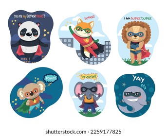Superheroes animals icons set. Collection of graphic elements for website. Panda, fox, lion, dolphin, elephant and koala with power. Cartoon flat vector illustrations isolated on white background
