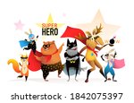 Superheroes animals performance group, funny kids party invitation or other fun event with super stars. Heroic silly vector characters cartoon illustration.