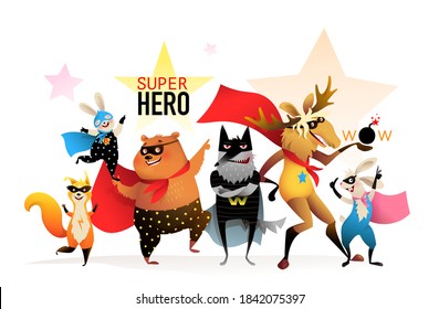 Superhéroes grupo de actuación de animales, divertida invitación de fiesta para niños u otro evento divertido con superestrellas. Ilustración de dibujos animados de personajes portadores tontos heroicos.