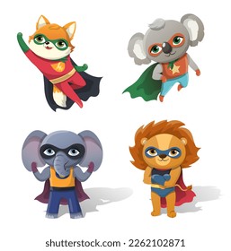 Superheroes animals set. Collection of characters with superpowers in masks and raincoats. Fairy tale, imagination and fantasy. Cartoon flat vector illustrations isolated on white background