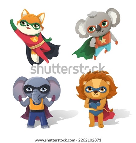Superheroes animals set. Collection of characters with superpowers in masks and raincoats. Fairy tale, imagination and fantasy. Cartoon flat vector illustrations isolated on white background