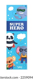Superheroes banner concept. Panda, elephant and dolphin. Fantasy and imagination. Magic and sorcery, characters with super power. Template, layout and mockup. Cartoon flat vector illustration