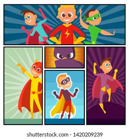 Superheroes banners. Kids heroes characters in action poses comic super persons colored vector cartoon mascot. Illustration of superhero character, super power people in mask