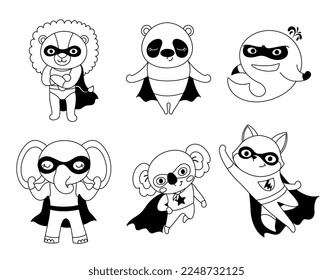 Superhelden schwarzes Set. Minimalistische Aufkleber für soziale Netzwerke und Instant Messenger. Löwe, Elefant, Delphin und Fuchs, Koala. Cartoon-FlachVektorgrafiken einzeln auf weißem Hintergrund