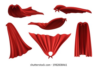 Superheroes cape. Red fashioned raincoat from silk textile clothes costumes with creases decent vector realistic pictures set