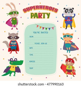 Superheroes. Card invitation with group of cute little animals. Vector illustration