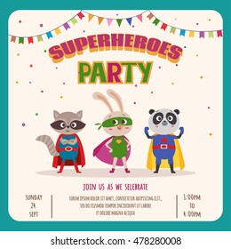 Superheroes. Card invitation with group of cute little animals. Vector illustration