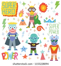 Superheroes Cartoon Colorful Doodle Characters Set 2 Vector Illustration