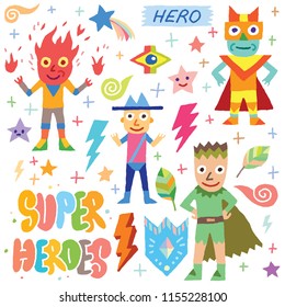 Superheroes Cartoon Colorful Doodle Characters Set 3 Vector Illustration