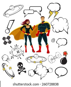 Superheroes and cartoon speech bubbles and design elements. Creative vector illustration. Isolated on white background.