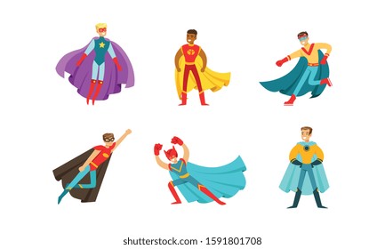 Superheroes Characters in Different Poses Vector Set