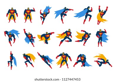 Superheroes characters set, man wearing colorful costumes on action vector Illustrations on a white background