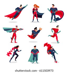 Superheroes characters set with people wearing colorful costumes in different poses and actions isolated vector illustration