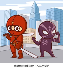 Superheroes in the city Cartoon character Vector illustration