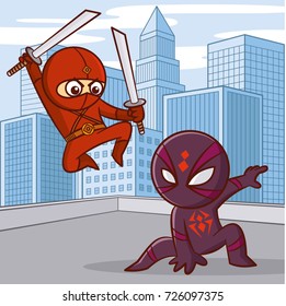 Superheroes in the city Cartoon character Vector illustration