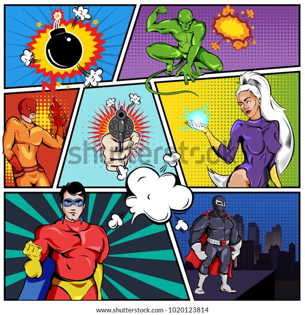 Superheroes comic page template with men\
woman monster and weapon on divided colorful textured background\
vector\
illustration