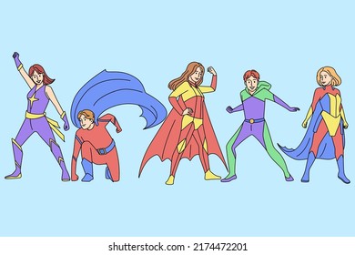 Superheroes in costumes show different poses. Super hero cartoon characters in outfits pose. Festival and fantasy world. Vector illustration. 