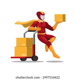 Superheroes courier with trolley package box shipping to customer. delivery service business mascot illustration vector