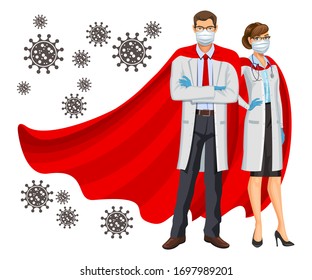 Superheroes Doctors. Female and male heroes doctors wearing red cloaks, protective gloves and mask. Protection against Caronavirus concept. Vector illustration