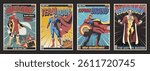 Superheroes Fake Comics Cover Set. Captain Brand, Sale Man, Leaderman, Team Man Illustrations. Vector Templates for Your Corporate Posters, Postcards