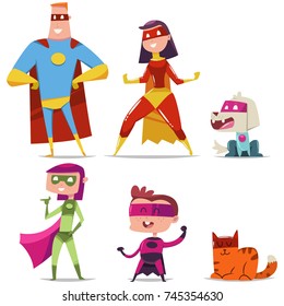 Superheroes family with kid, cat and dog. Cartoon vector character set of a man, woman, boy and girl heroes in masks and cloaks isolated on white background.