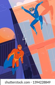 Superheroes fight against villains comics games characters with flying super man and jumping speed hero vector illustration