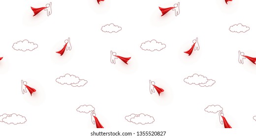 Superheroes flying on cloudy sky background. Team of super heroes. Vector people with red capes seamless patern for Happy Father's Day greeting card design. 