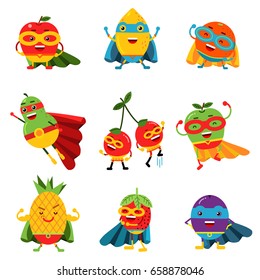 Superheroes fruits in different costumes set of colorful vector Illustrations