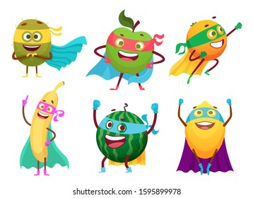 Superheroes fruits. Vegetables healthy food mascot heroes costumes orange garden apple berry vector characters