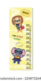 Superheroes height chart. Lion and elephant in masks, tropical and exotic animals on yellow background. Body measurement poster, medicine, anatomy and biology. Cartoon flat vector illustration