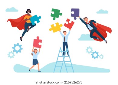 Superheroes helps business people solving problems. Office workers and heroes join puzzle. Teamwork and leadership. Work success. Employees group connect riddle pieces