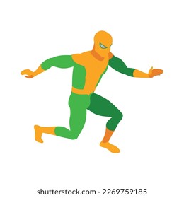 Superheroes isometric people composition with isolated view of super hero wearing colorful costume vector illustration