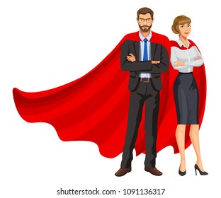 Superheroes man and woman in red capes, team of superheroes, business people superheroes. Bearded guy and beautiful girl in glasses. Success concept. Vector, 10 eps