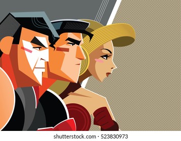 Superheroes man and woman together confront the threat. We are ready to repel an attack. Vector illustration