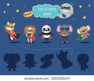 Superheroes matching game. Education, learning and training. Material for development of creative skills for children and study of animals. Biology and zoology. Cartoon flat vector illustration