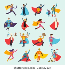 Superheroes orthogonal flat people set including businessman, housewife, chef, doctor and fireman in cloak isolated vector illustration 
