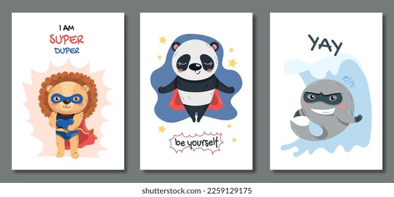 Superheroes posters set. Collection of graphic elements for website. Lion, panda and dolphin in coats and masks. Comic book characters. Cartoon flat vector illustrations isolated on white background