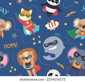 Superheroes seamless pattern. Repeatable design element for printing on fabric. Animals in capes and masks. Lion, dolphin, fox, koala and panda with superpowers. Cartoon flat vector illustration