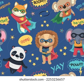 Superheroes seamless pattern. Repeating design element for printing on fabric. Fox, lion, elephant, panda in masks and raincoats. Magic, witchcraft and sorcery. Cartoon flat vector illustration