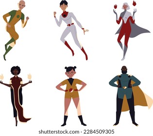 Superheroes set. Cartoon characters in various poses. Vector illustration