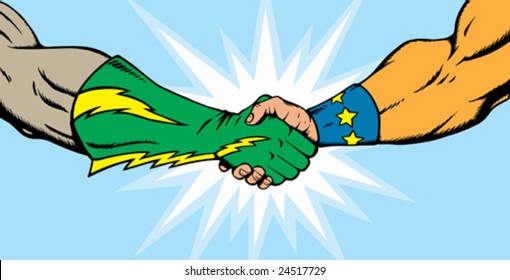 Superheroes shaking hands, great to show teamwork or partnerships.