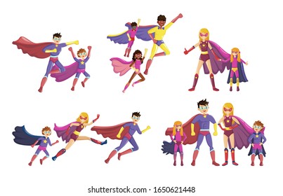 Superheroes smiling parents and their children in super hero costumes with cape and masks. Happy family of superheroes. Cartoon vector illustration