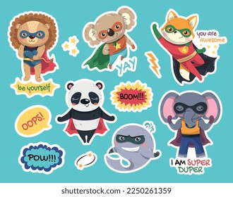 Superhelden-Aufkleber-Set. Kollektion von Tieren mit Masken und Kappen mit super Stärke. Panda, Delphin, Elefant, Fuchs und Koala. Cartoon-FlachVektorgrafiken einzeln auf blauem Hintergrund