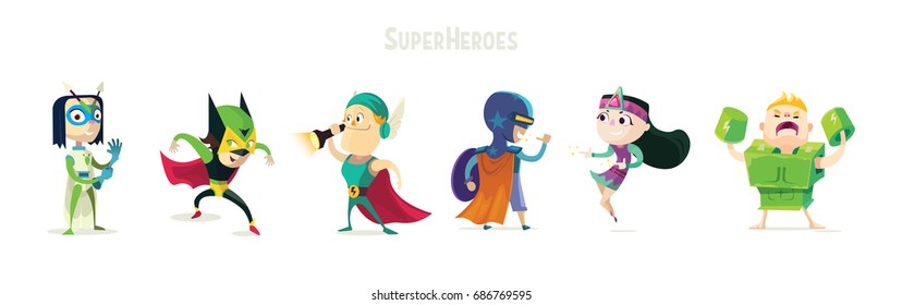 Super-heróis. Conjunto de super-heróis. Crianças em ternos coloridos brilhantes de diferentes super-heróis. Personagens vívidas para publicidade.Roupas heroes.Vector