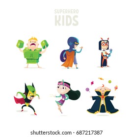 Superheroes.Set of superhero kids. Children in bright colored suits of different superheroes. Vivid characters for advertising.The kid juggles with sweets.Vector