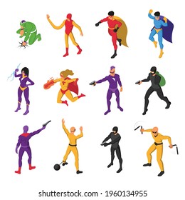 Superheroes supervillains characters isometric bright colorful figures set with flying heroes robber evil lightning power vector illustration