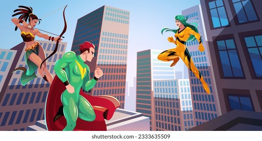 Equipo de superhéroes en la ciudad. Personajes de caricatura con disfraces de colores con superpoderes y lucha de habilidades entre rascacielos, héroes poderosos hombres y mujeres en el paisaje urbano, concepto de vector ordenado