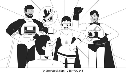 Superheroes team helping caucasian man to find hobby black and white 2D illustration concept. Friends group outline cartoon scene background. Lifestyle metaphor metaphor monochrome vector art