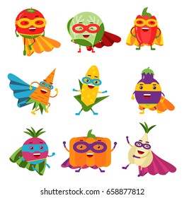 Superheroes vegetables in different costumes set of colorful vector Illustrations